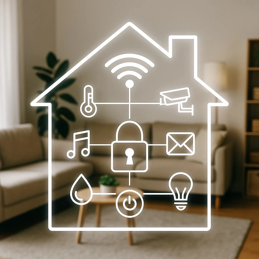 Soggiorno moderno con elettrodomestici intelligenti ed ecologici integrati per una casa smart e sostenibile